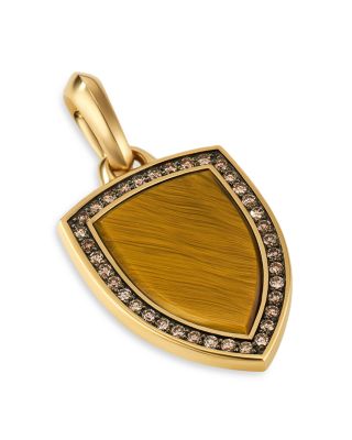 Shield Amulet Pendant in 18K Yellow Gold with Tiger's Eye and Pav&eacute; Cognac Diamonds