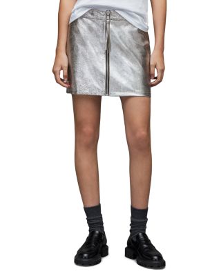 Allsaints Cleo Metallic Denim Mini Skirt In Metallic Silver | ModeSens