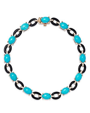 Bloomingdale's Turquoise, Onyx, And Diamond Link Bracelet In 14k Yellow Gold - 100% Exclusive In Blue/black