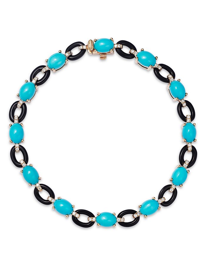 Bloomingdale's - Turquoise, Onyx, and Diamond Link Bracelet in 14K Yellow Gold - 100% Exclusive