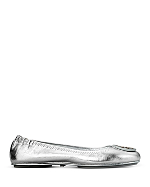 Tory Burch Mini Travel Metallic Leather Ballet Flats In Silver