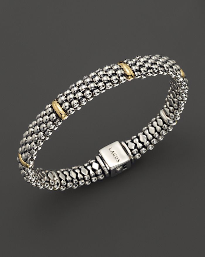 Lagos Sterling Silver & 18k Yellow Gold Caviar Bracelet In Silver/gold