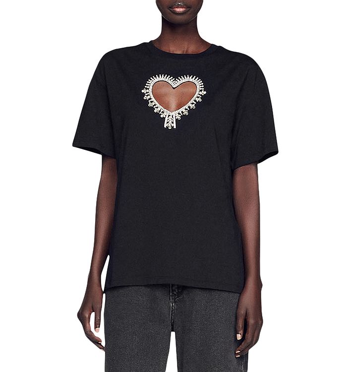 Sandro Cotton Rhinestone Heart T-shirt