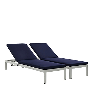 Modway Shore Outdoor Patio Aluminum Chaise With Cushions, Set Of 2 In Silvernavy