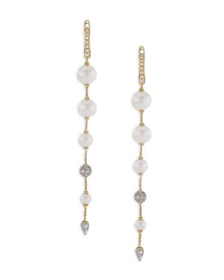 18K Yellow Gold Cultured Freshwater Pearl & Diamond Pav&eacute; Linear Drop Earrings
