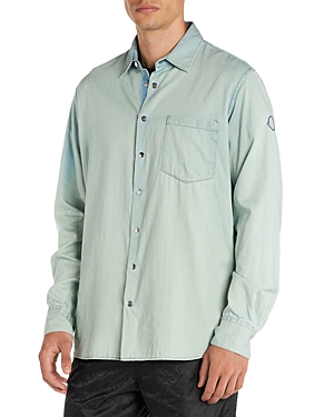 Moncler Chambray Long Sleeve Logo Shirt In Blue Demin