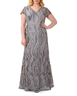 Adrianna Papell Plus Sequin Embroidery Gown In Silver Multi