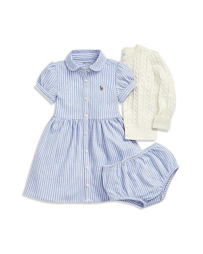 Lauren Girls' Striped Oxford Dress & Bloomers Set Cable Knit Cardigan - |