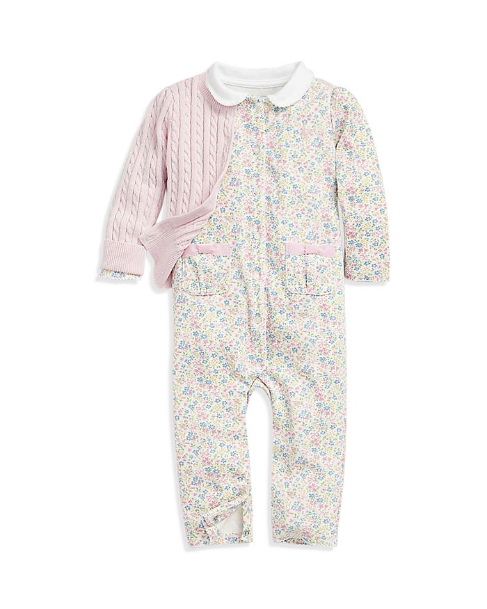 Ralph Lauren - Girls' Cotton Floral Print Coveralls & Cable Knit Cardigan - Baby