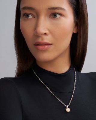 18K Yellow Gold & Sterling Silver Caviar Lux Diamond Heart Pendant Necklace, 16"