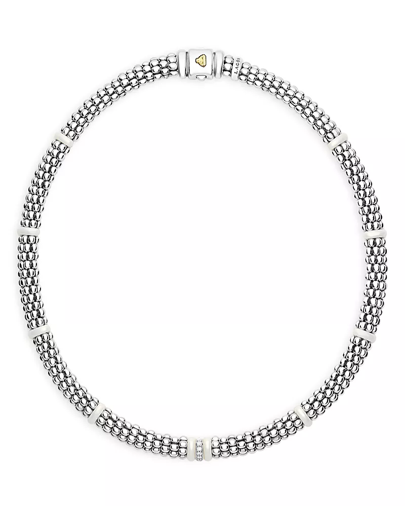 Lagos Ceramic & Sterling Silver White Caviar Diamond Station Necklace, 16