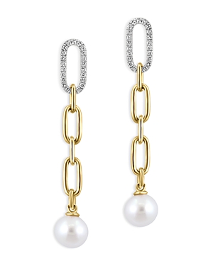 Bloomingdale's Cultured Freshwater Pearl & Diamond Pave Chain Link Drop Earrings in 14K Yellow Gold - 100% Exclusive