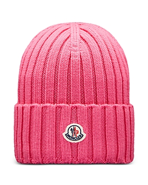 Moncler Logo Detail Rib Knit Wool Hat In Bright Pink