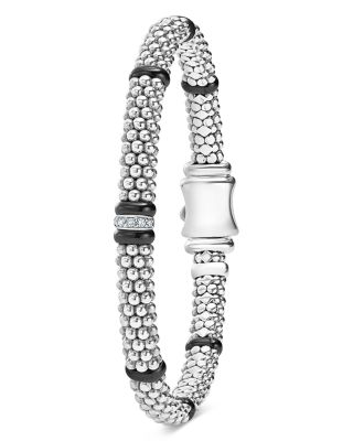 Single Station Diamond Black Caviar Bracelet in Sterling Silver 