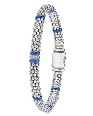 Single Station Diamond Blue Caviar Bracelet in Sterling Silver