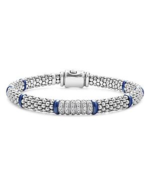 Lagos Six Station Diamond Blue Caviar Bracelet in Sterling Silver
