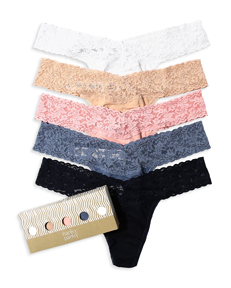Hanky Panky Cotton Low Rise Thongs, Set Of 5 In White/chai
