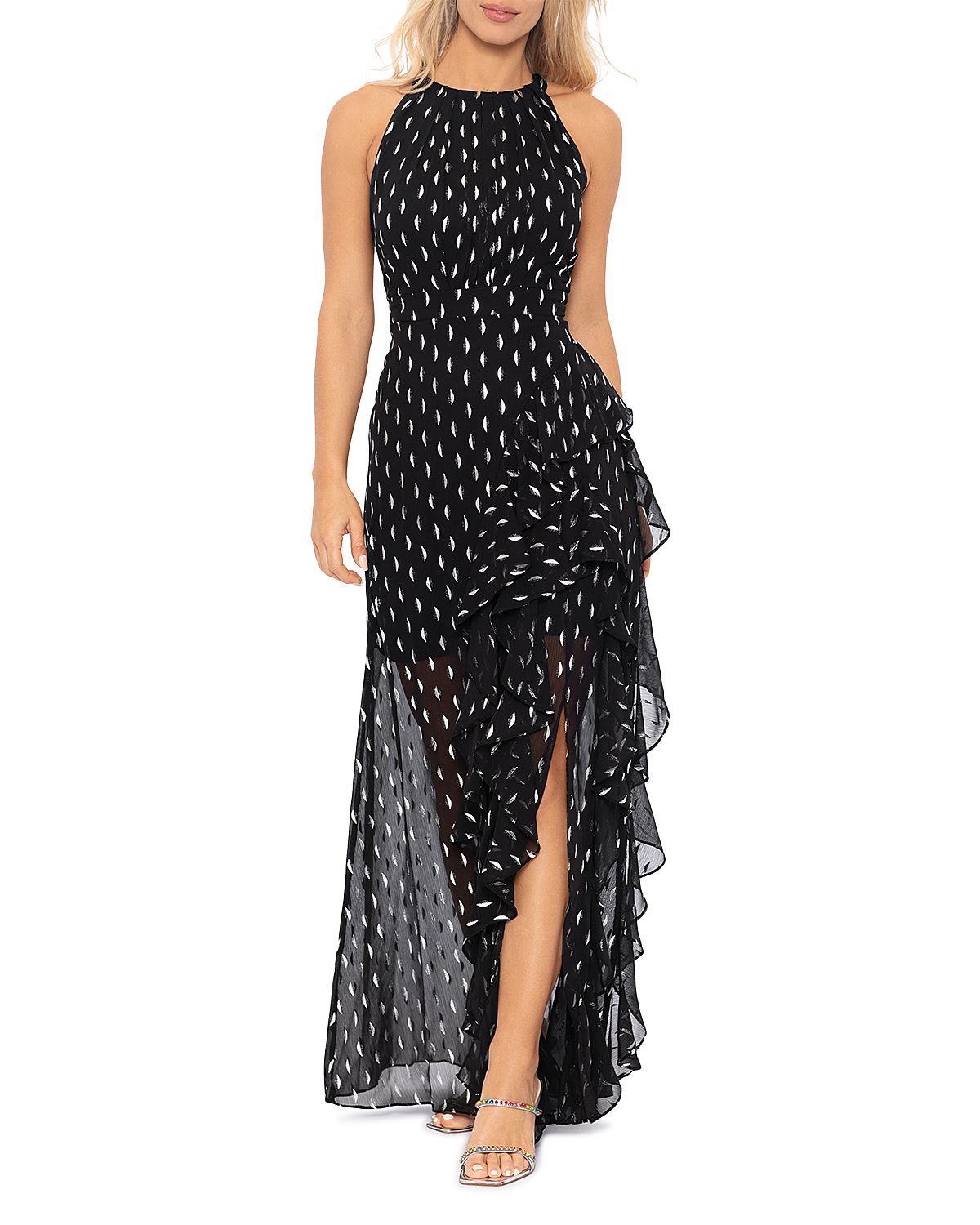 Aqua Metallic Crescent Chiffon Ruffle Gown - Exclusive