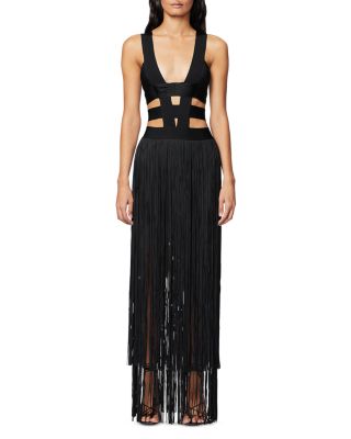 herve leger black fringe dress Hervé Léger // Black Fringe Maxi Dress – VSP Consignment main image 0