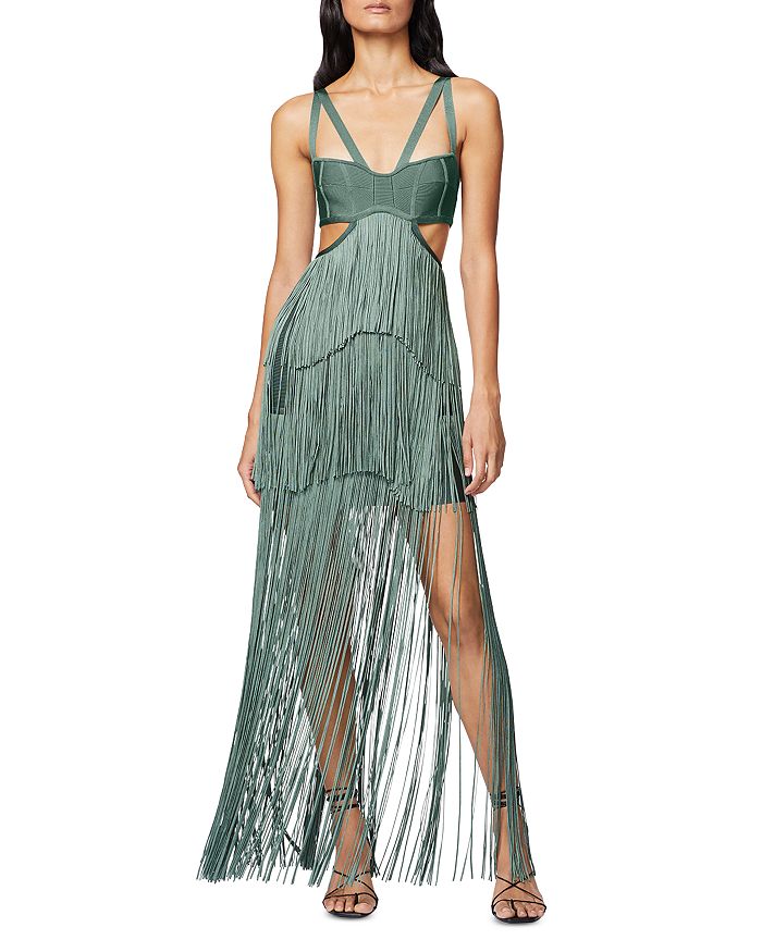 Fringed recycled-bandage gown
