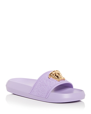 Versace Medusa Plaque Flat Slides In Baby Violet