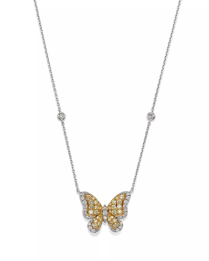 Bloomingdale's Fine Collection White & Yellow Diamond Butterfly Necklace in 14K Yellow & White Gold, 18