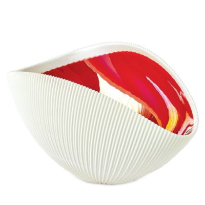 Global Views Pleated Glass Bowl in Deep Red/White, Medium