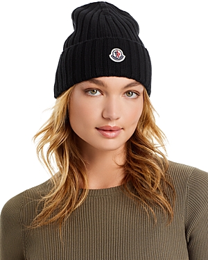 Moncler Logo Detail Rib Knit Wool Hat In Black