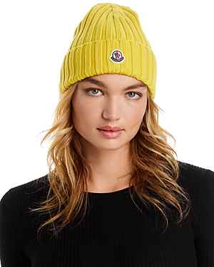 Moncler Logo Detail Rib Knit Wool Hat In Dark Yellow
