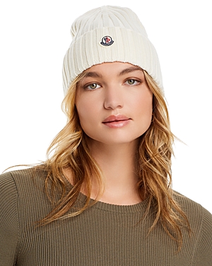Shop Moncler Logo Detail Rib Knit Wool Hat In White
