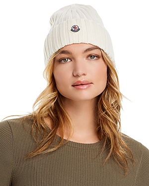 Moncler Ribbed-knit Logo-patch Virgin Wool Beanie In White