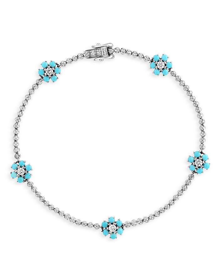 Bloomingdale's - Turquoise & Diamond Flower Station Bracelet 14K White Gold - 100% Exclusive