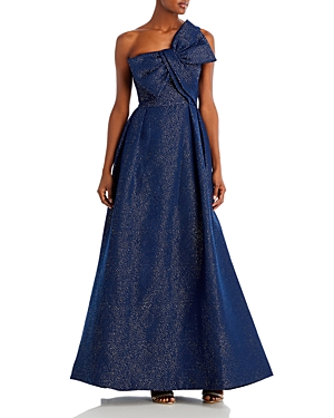 Metallic Jacquard Bow One Shoulder Gown