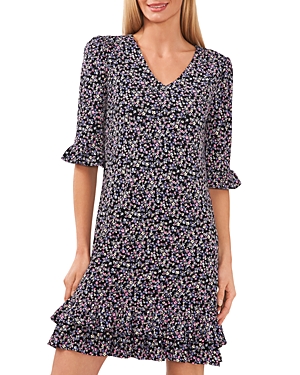 Cece Floral Print Ruffle Knit Dress In Rich Black