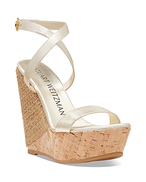 Stuart Weitzman Metallic Ankle-strap Wedge Espadrille Sandals In Platino/natural