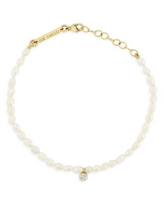14k Yellow Gold Cultured Pearl Bead & Diamond Charm Bracelet