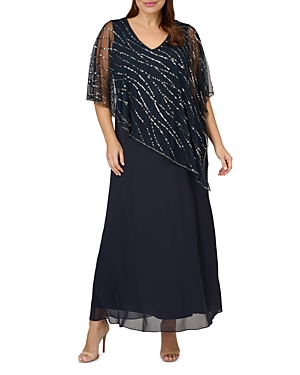Adrianna Papell Plus Sequin Cape Overlay Gown In Midnight