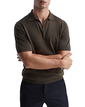 Reiss Mens Dark Military G Duchie Open-neck Wool Polo Shirt In Dark Military Green