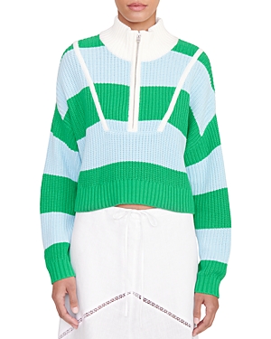 Staud Hampton Half-zip Striped Cotton-blend Sweater In Grass/shallow
