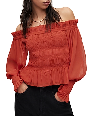 Allsaints Lara Shirred Off-the-shoulder Peplum Top In Red Clay