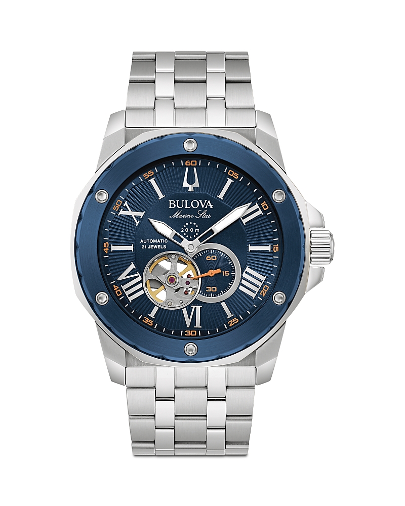 Bulova Marine Star Series A Mens Automatic Chronograph Silver Tone Stainless Steel Bracelet Watch 98a302 In Blue/silver