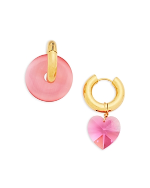 Timeless Pearly Mismatch Crystal Heart & Disc Drop Earrings In 24k Gold Plated In Pink/gold