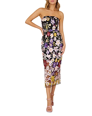Milly Floral Embroidered Mesh Strapless Midi Dress