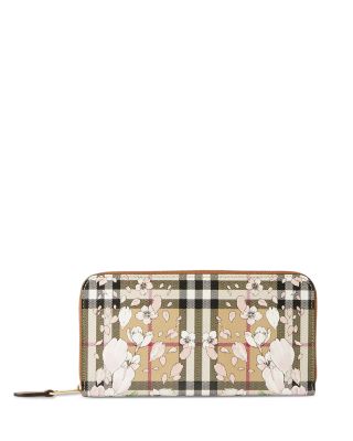 Burberry Floral Check Print Leather Zip Around Wallet