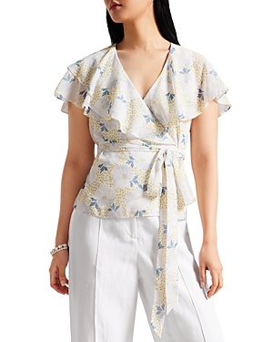 Ted Baker Gemmiaa Floral Print Ruffled Wrap Blouse In Sky Blue