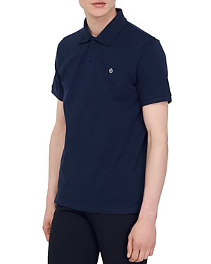 Shop Sandro Cotton Pique Square Cross Patch Classic Fit Polo Shirt In Navy Blue
