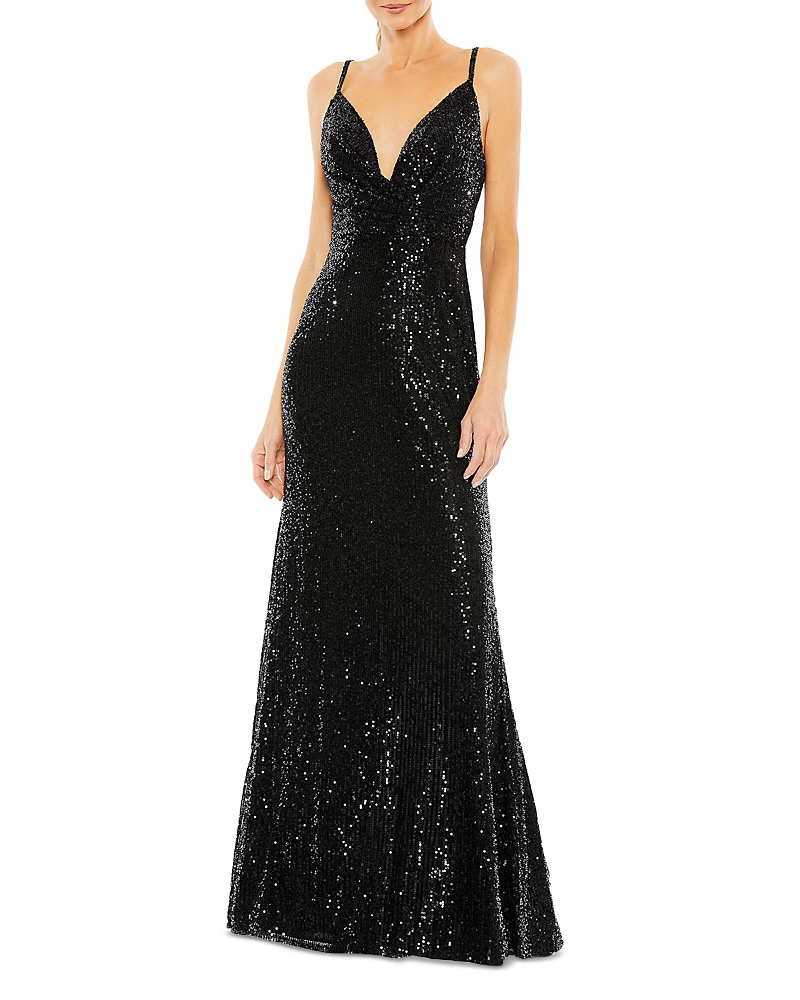 Mac Duggal Plunge Neck Sequin Gown In Black
