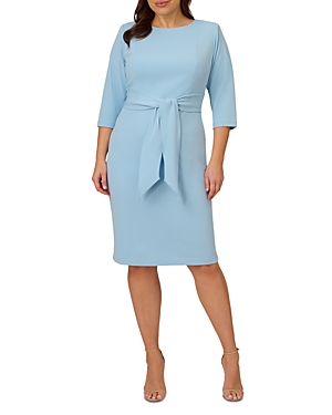 Adrianna Papell Plus Knit Crepe Tie Waist Sheath Dress In Blue Mist