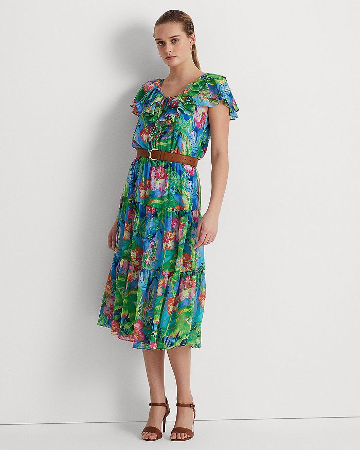 Ralph Lauren Women's Floral 3/4 Sleeve V Neck Below The Knee Fit + Flare Dress Gray Size 2 Petite