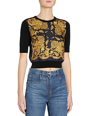 Etro Cashmere Knit Top With Dahlia Paisley Printed Silk Front In Black